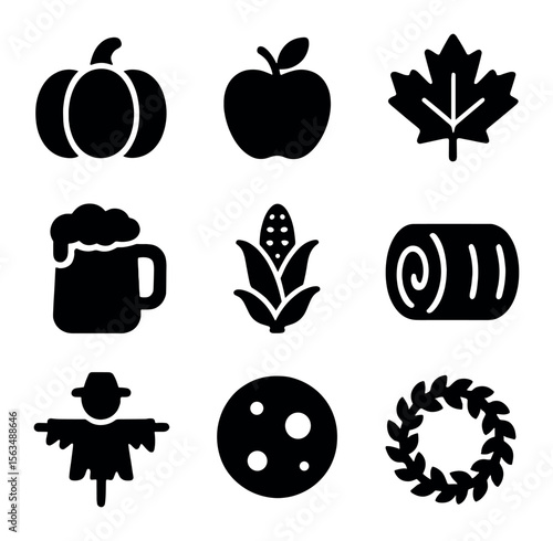 Autumn Festival Icons. Solid, filled icons set of autumnal festivals: pumpkin, apple, maple leaf, cider mug,
