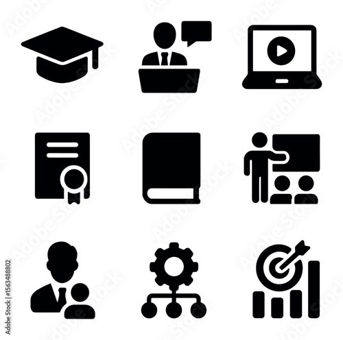 Training Icons Grid. Solid, filled icons set of training and professional development: graduation cap, webinar