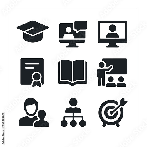 Training Icons Grid. Solid, filled icons set of training and professional development: graduation cap, webinar