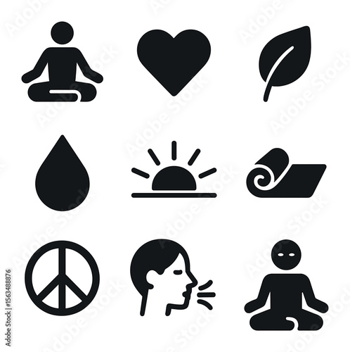Wellness Icon Set. Solid, filled icons set of wellness and mindfulness: lotus pose, meditation, heart icon,