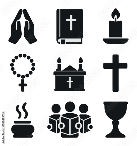 Religious Ceremony Icons. Solid, filled icons set of religious ceremonies: prayer hands, holy book, candle,