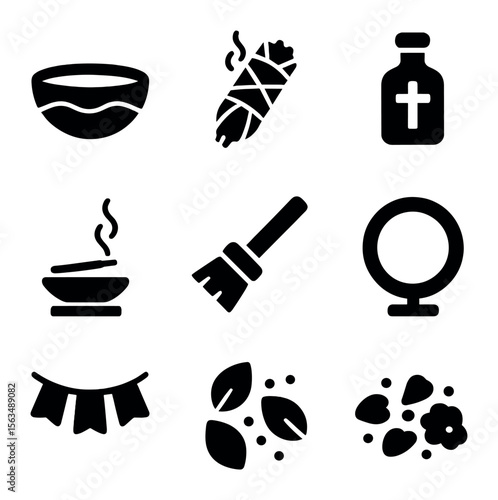 Blessing Rituals Icons. Solid, filled icons set of blessing and purification rituals: water bowl, sage bundle,