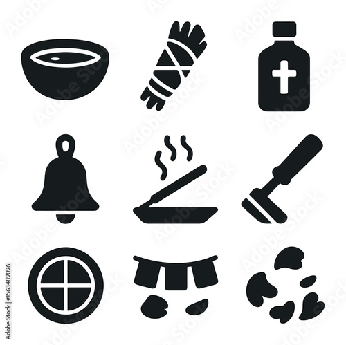 Blessing Rituals Icons. Solid, filled icons set of blessing and purification rituals: water bowl, sage bundle,