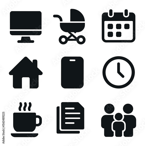 Work-Life Balance Icons. Solid, filled icons set of coordinating work and family: desktop computer, stroller,