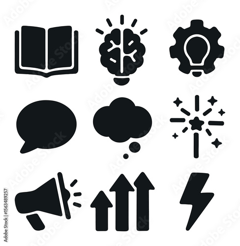 Creative Icon Set. Solid, filled icons set of fresh idea generation: open notebook, glowing brain, creative