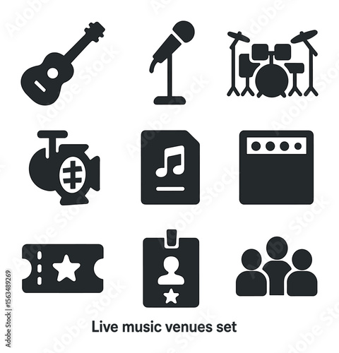 Live Music Icons. Solid, filled icons set of live music venues: guitar, microphone stand, drum set, stage