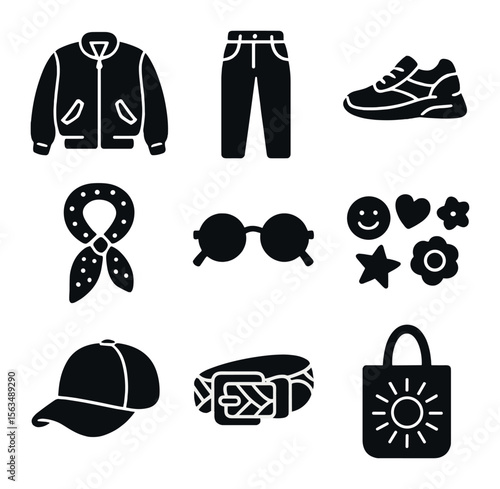 Vintage Fashion Icons. Solid, filled icons set of vintage-inspired street fashion: bomber jacket, mom jeans,