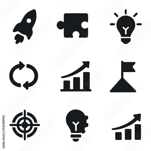 Innovation Icon Set. Solid, filled icons set of innovation and change culture: rocket launch, puzzle piece,