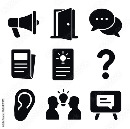 Communication Icons Set. Solid, filled icons set of communication and transparency: megaphone icon, open door,