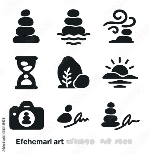 Ephemeral Art Icons. Solid, filled icons set of ephemeral art with stones: temporary stack, water reflection,