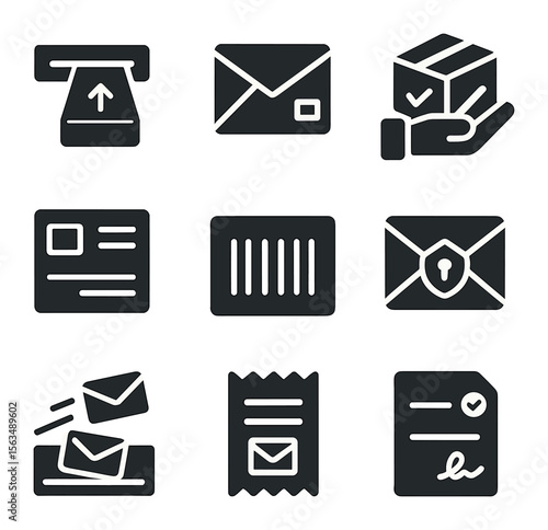Mail Handling Icons. Solid, filled icons set of package and letter handling: parcel through slot, padded