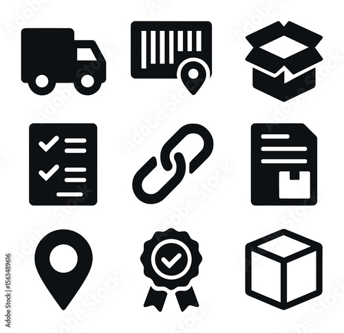 Supply Chain Icons. Solid, filled icons set of supply chain transparency: delivery truck, tracking barcode,