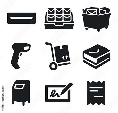 Commercial Mail Icons. Solid, filled icons set of commercial mail systems: mailroom slot, sorting tray, bulk