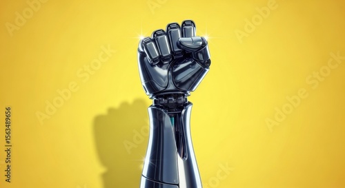 Dramatic Close-Up of Stylized Robotic Fist Raised Triumphantly Against Vibrant Yellow Background