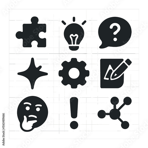 STEM Creativity Icons. Solid, filled icons set of creative STEM thinking: puzzle piece, lightbulb idea,