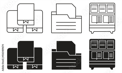 library icon, in various line and black library styles, isolated on white background, vector illustration.

