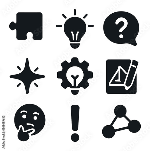 STEM Creativity Icons. Solid, filled icons set of creative STEM thinking: puzzle piece, lightbulb idea,
