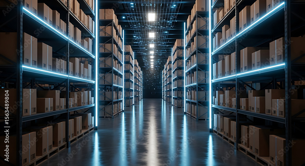 Modern warehouse interior with racks of boxes lit by glowing blue lights and data grid Modern warehouse interior with racks of boxes lit by glowing blue lights and data grid