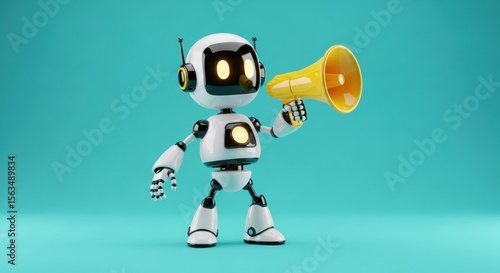 Whimsical Robot Character Holding Bright Yellow Megaphone Against Smooth Turquoise Background