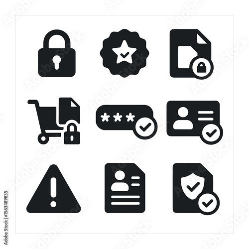 Secure E-commerce Icons. Solid, filled icons set of secure e-commerce transactions: lock icon, verified badge,
