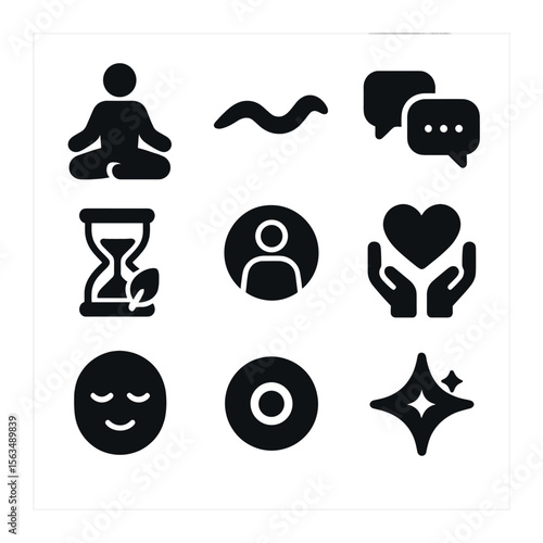 Mindful Icon Set. Solid, filled icons set of mindful connection moments: meditation icon, breathing wave,