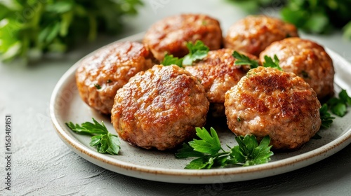 Juicy meat patties, parsley garnish, grey table, kitchen setting, food photography