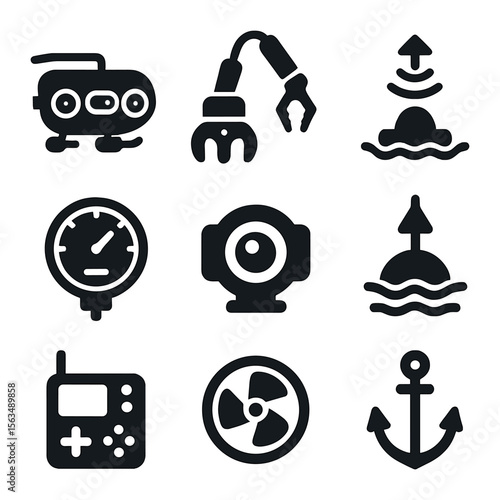 Underwater Robot Icons. Solid, filled icons set of underwater maintenance robots: submersible drone,