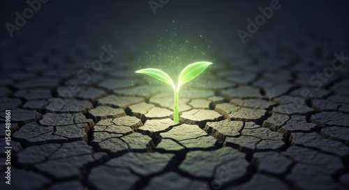 Bright Green Sprout Emerging from Cracked Earth Symbolizing Hope and New Beginnings
