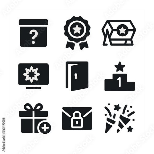 Innovative Incentive Icons. Solid, filled icons set of innovative giving incentives: mystery box, reward badge