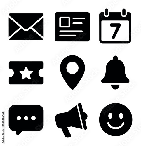 Summer Event Icons. Solid, filled icons set of summer event invitations: envelope icon, RSVP card, calendar