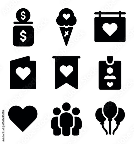 Seasonal Fundraising Icons. Solid, filled icons set of seasonal fundraising treats: donation jar, branded cone