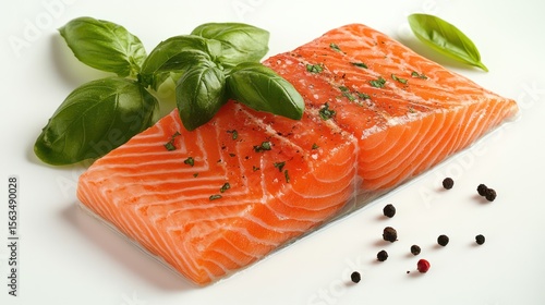Fresh salmon fillet, basil, peppercorns, white background, food photography, recipe