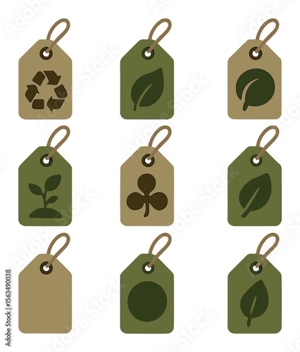 Eco-Friendly Tag Icons. Solid, filled icons set of eco-friendly pricing tags: recycled paper tag, green leaf
