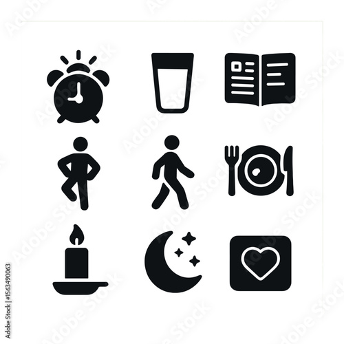Healthy Routine Icons. Solid, filled icons set of healthy routines: sunrise alarm, water glass, daily planner,