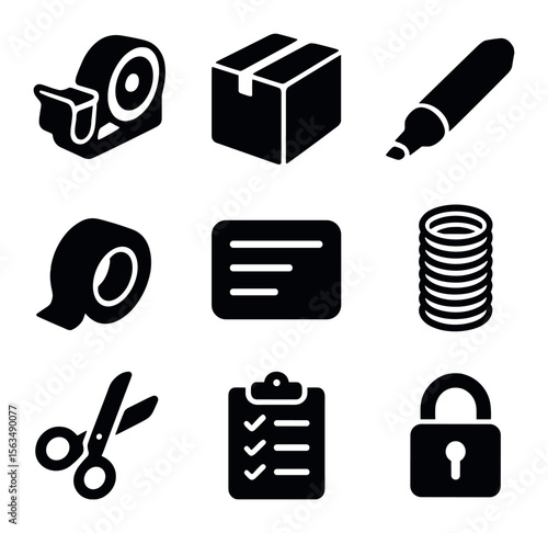 DIY Moving Kit. Solid, filled icons set of DIY moving kits: tape dispenser, box icon, marker pen, stretch wrap