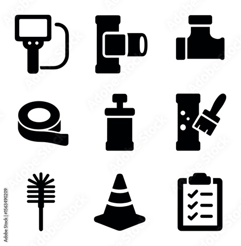 Vent Pipe Repair Icons. Solid, filled icons set of vent pipe repair and maintenance: inspection camera, pipe