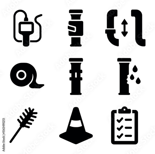 Vent Pipe Repair Icons. Solid, filled icons set of vent pipe repair and maintenance: inspection camera, pipe