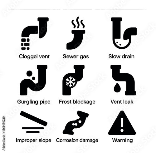 Plumbing Venting Issues Icons. Solid, filled icons set of common venting issues: clogged vent, sewer gas icon,