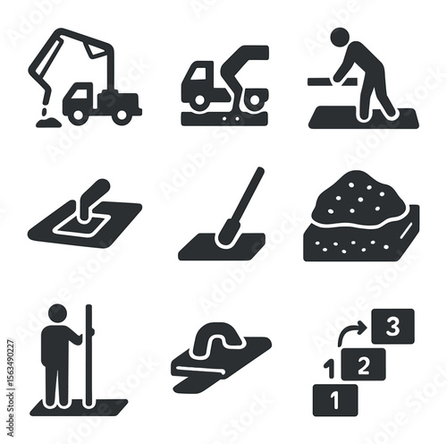 Concrete Pouring Icons. Solid, filled icons set of slab pouring techniques: concrete pump, pour chute, screed