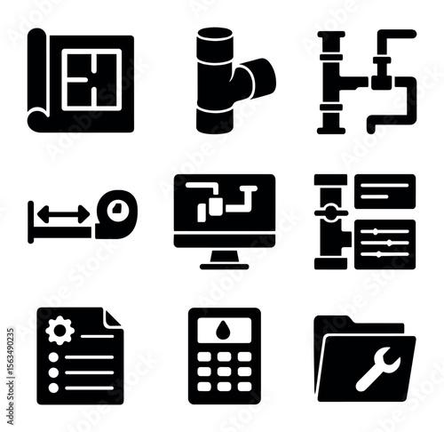 Plumbing Design Icons. Solid, filled icons set of plumbing design planning: floor plan blueprint, 3D pipe