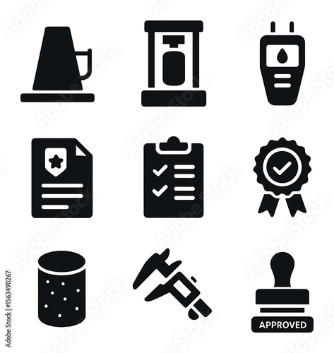 Quality Control Icons. Solid, filled icons set of quality control and inspection: slump test cone, compression