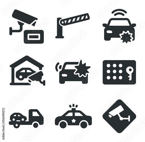 Vehicle Security Icons. Solid, filled icons set of vehicle and parking lot security: license plate camera,