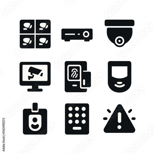 Surveillance Icon Set. Solid, filled icons set of commercial surveillance systems: multi-camera grid, DVR
