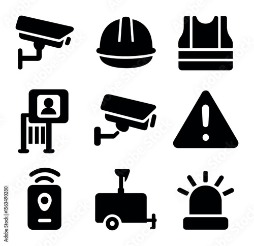 Industrial Surveillance Icons. Solid, filled icons set of industrial site surveillance: construction site
