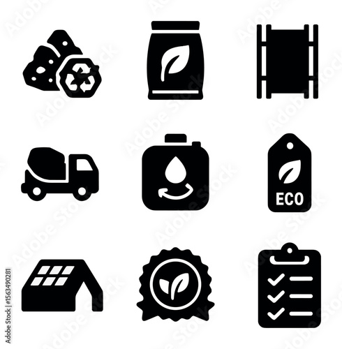 Eco-Friendly Construction Icons. Solid, filled icons set of concrete sustainability practices: recycled