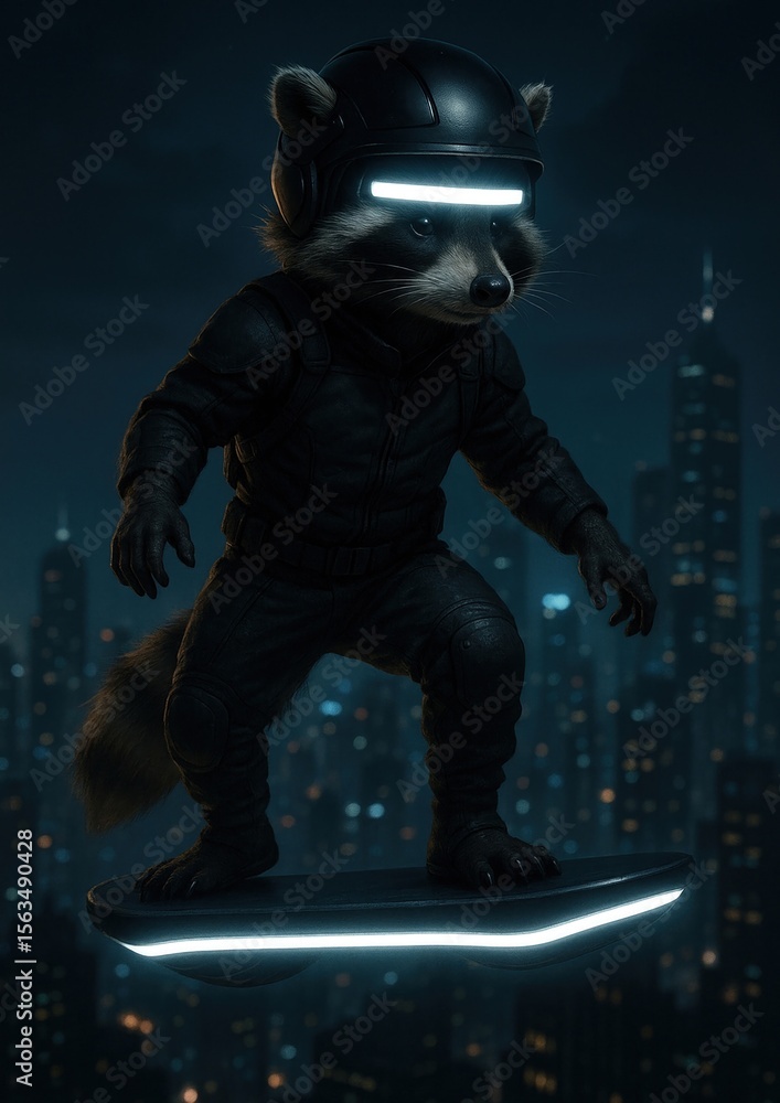 Fototapeta premium Futuristic raccoon on hoverboard
