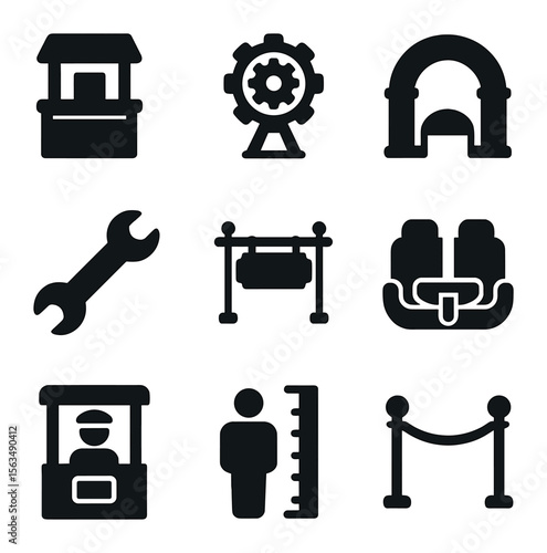Amusement Park Icon Set. Solid, filled icons set of amusement park ride details: ticket booth, spinning gear,