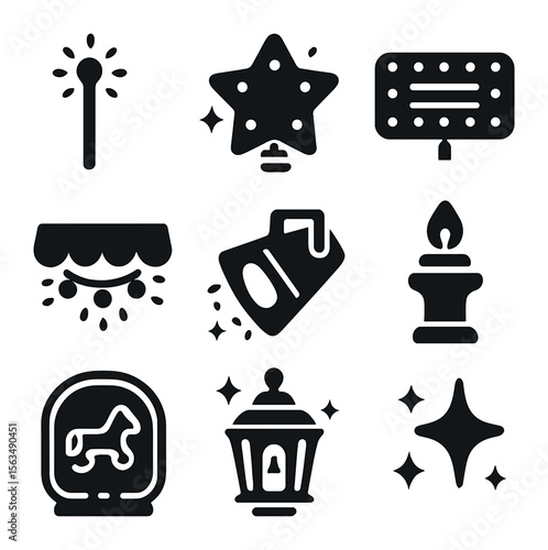 Carousel Illumination Icons. Solid, filled icons set of illuminated carousel features: glowing pole, star