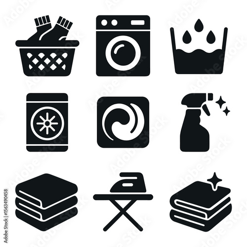 Laundry Icon Set. Solid, filled icons set of laundry process icons: basket with socks, washing machine, rinse