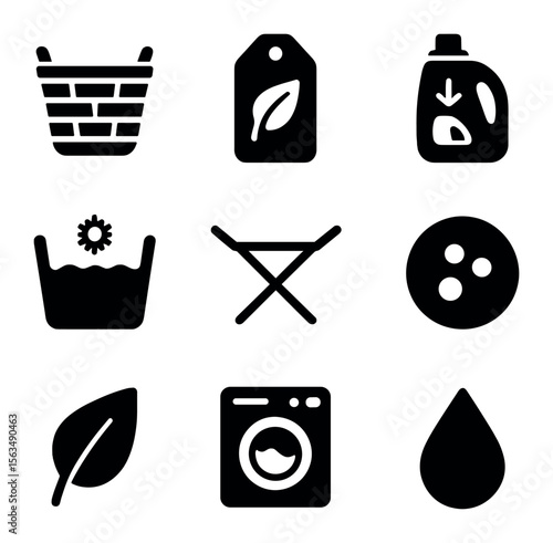 Eco Laundry Icons. Solid, filled icons set of sustainable laundry habits: bamboo basket, eco label, refill